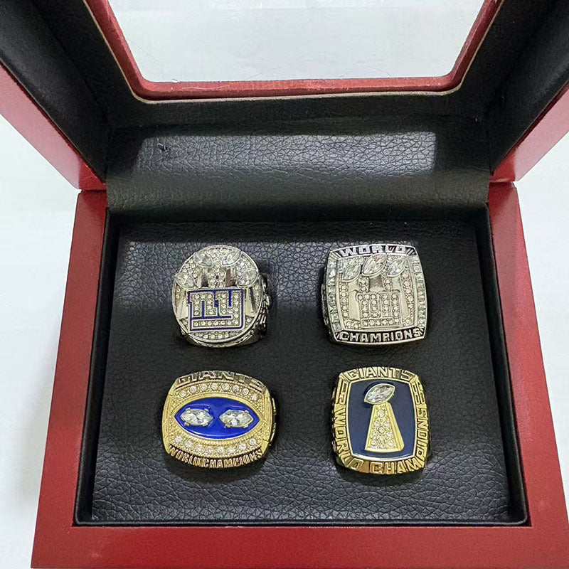 New York Football Championship Rings Set (4PCS) – Limited Edition Commemorative Collectible with Wooden Box