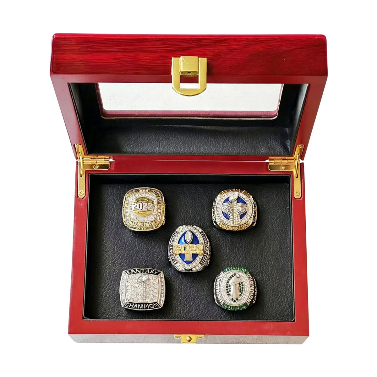2022 Fantasy Football Champion Ring Set (5PCS) – Fan Gift Collection with Wooden Box