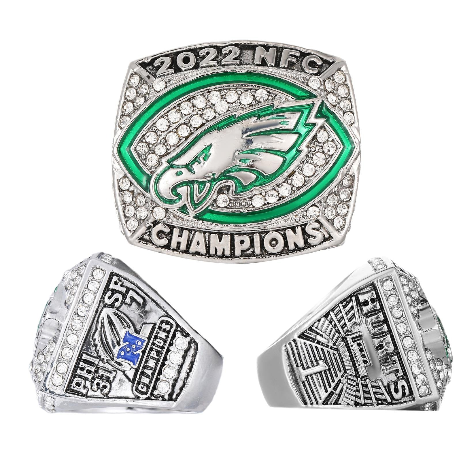 5-Piece Philadelphia Replica Championship Rings Set - Football Championship LII & NFC Champions Collectible with Wooden Gift 