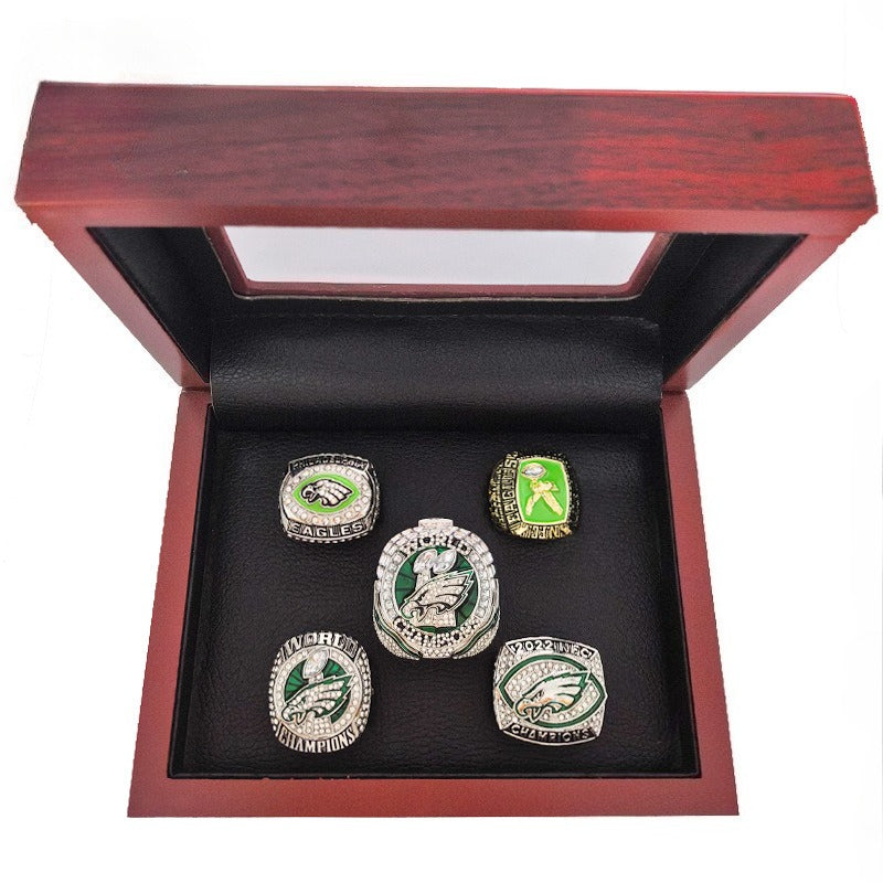 5-Piece Philadelphia Replica Championship Rings Set - Football Championship LII & NFC Champions Collectible with Wooden Gift 