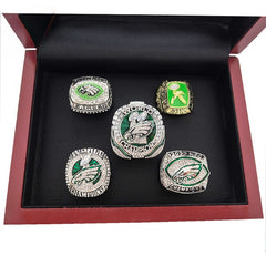5-Piece Philadelphia Replica Championship Rings Set - Football Championship LII & NFC Champions Collectible with Wooden Gift 