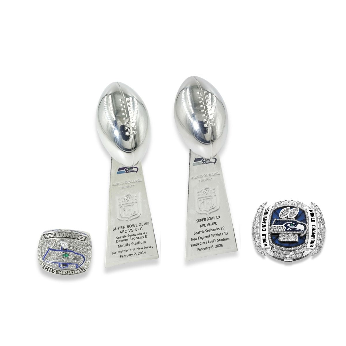 Seattle Football Championship Trophy & Ring Set – 2013 & 2025 Season Replica Collection